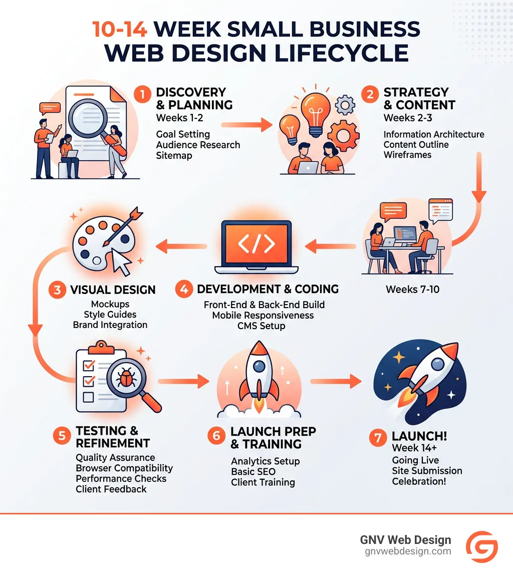 10-14 week small business web design lifecycle from discovery to launch infographic - small business website design services