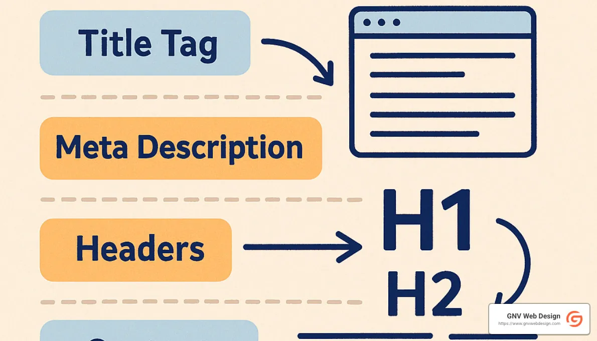 on-page SEO elements showing title tags, meta descriptions, headers and content structure - how to improve seo for small businesses