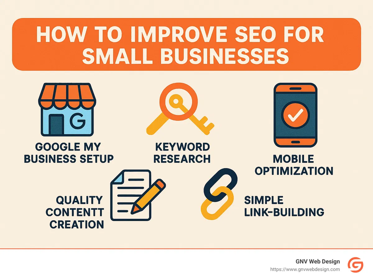 Detailed infographic outlining key steps on how to improve SEO for small businesses, including Google My Business setup, keyword research, mobile optimization, quality content creation, and simple link-building strategies. - how to improve seo for small businesses infographic 