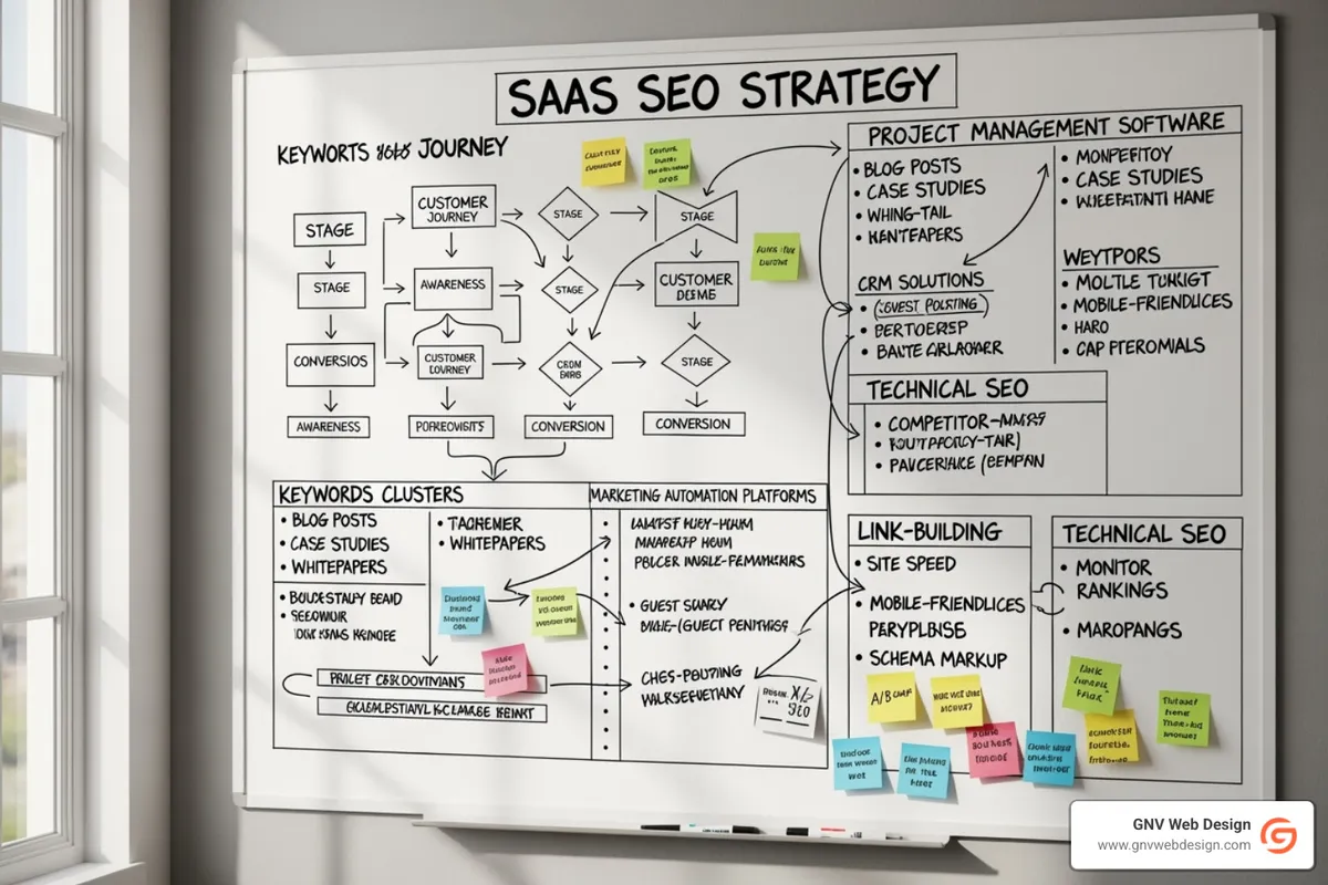 Image of a whiteboard outlining a SaaS SEO strategy - seo agency for saas