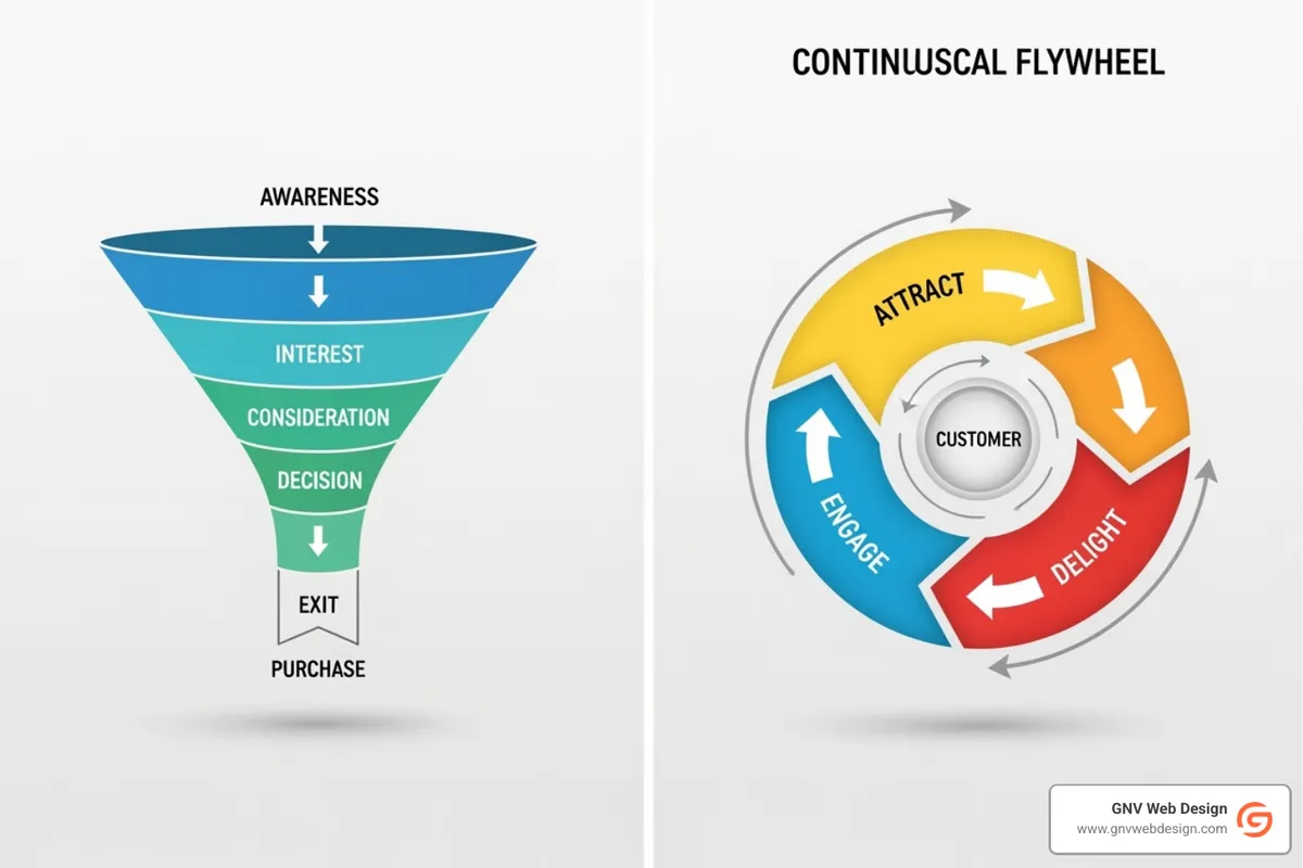 Image comparing a generic marketing funnel to a SaaS-specific flywheel model - seo agency for saas