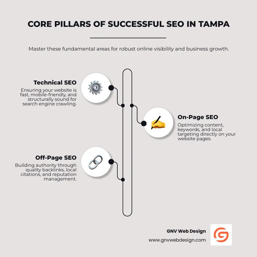 Infographic showing the three core pillars of successful Tampa SEO: Technical SEO (website speed, mobile optimization, site structure), On-Page SEO (keyword research, content optimization, local targeting), and Off-Page SEO (link building, local citations, reputation management) - tampa seo agencies infographic infographic-line-3-steps-neat_beige