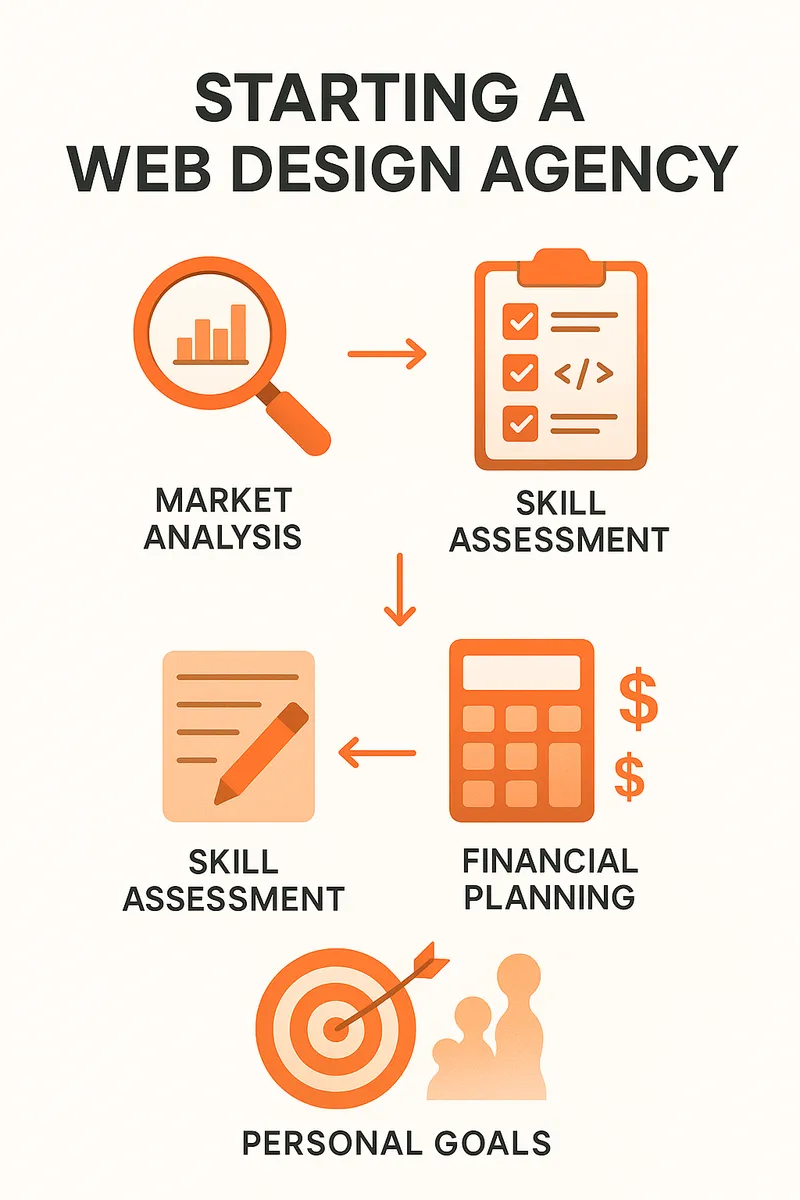 Decision making process infographic showing key considerations for starting a web design agency including market analysis, skill assessment, financial planning, and personal goals - web design agency infographic 