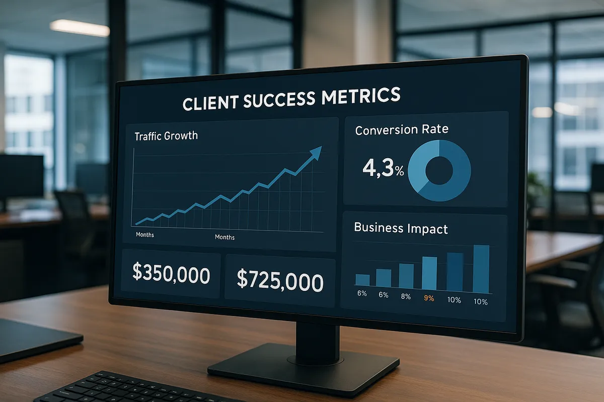 Client success metrics dashboard showing website performance improvements - web design agency