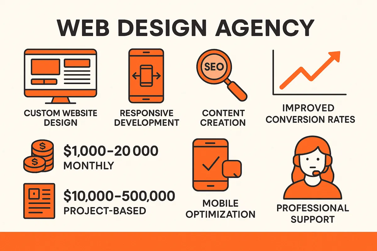 Web design agency services and benefits infographic showing primary services (custom website design, responsive development, SEO integration, content creation, digital marketing), average costs, timeline expectations, and key benefits including improved conversion rates, mobile optimization, and professional support - web design agency infographic 