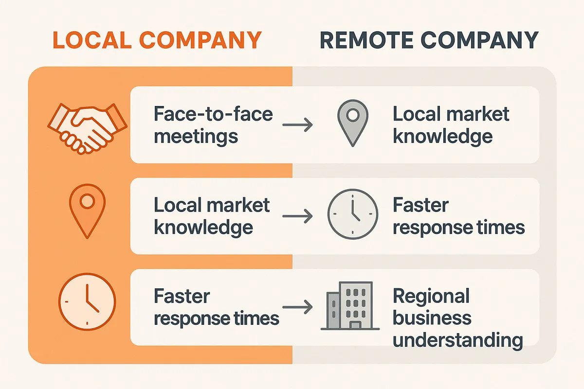 Comparison of local web design company benefits showing face-to-face meetings, local market knowledge, faster response times, and understanding of regional business climate versus remote design companies - local web design company infographic