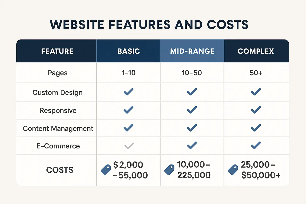 comparison of website features and costs - local web design company