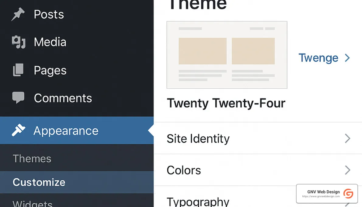 WordPress dashboard showing theme customization options - Affordable web design packages