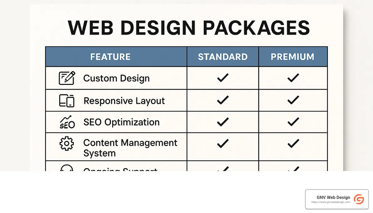 comparison of different web design packages with feature lists - Affordable web design packages