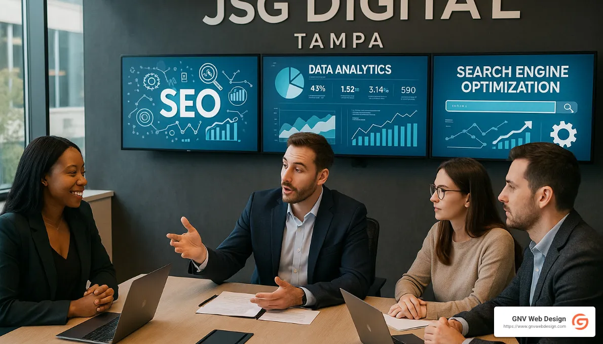 jsg digital team discussing ai seo strategies - SEO consulting Tampa