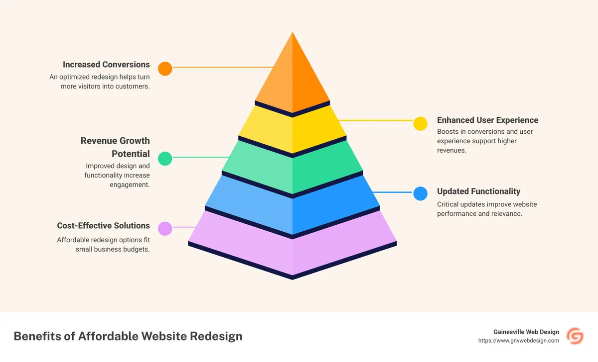 Infographic detailing benefits of affordable website redesign: Increased conversions, improved user experience, and revenue growth potential - affordable website redesign infographic pyramid-hierarchy-5-steps
