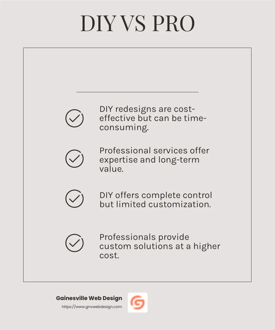 Choosing between DIY and professional services can impact your site's success - affordable website redesign infographic checklist-light-beige