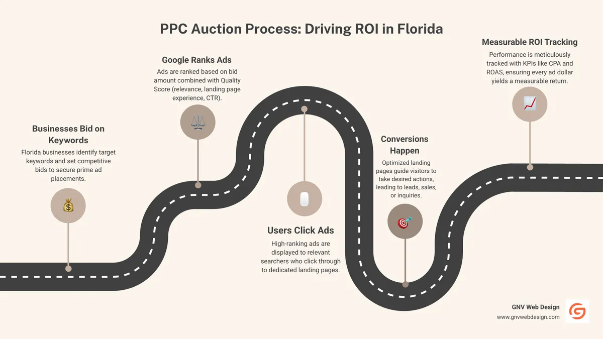 Infographic showing PPC auction process with Florida business examples, displaying how businesses bid on keywords, Google ranks ads based on quality score and bid amount, users click ads and visit landing pages, leading to conversions and measurable ROI tracking - florida marketing agencies doing ppc infographic roadmap-5-steps