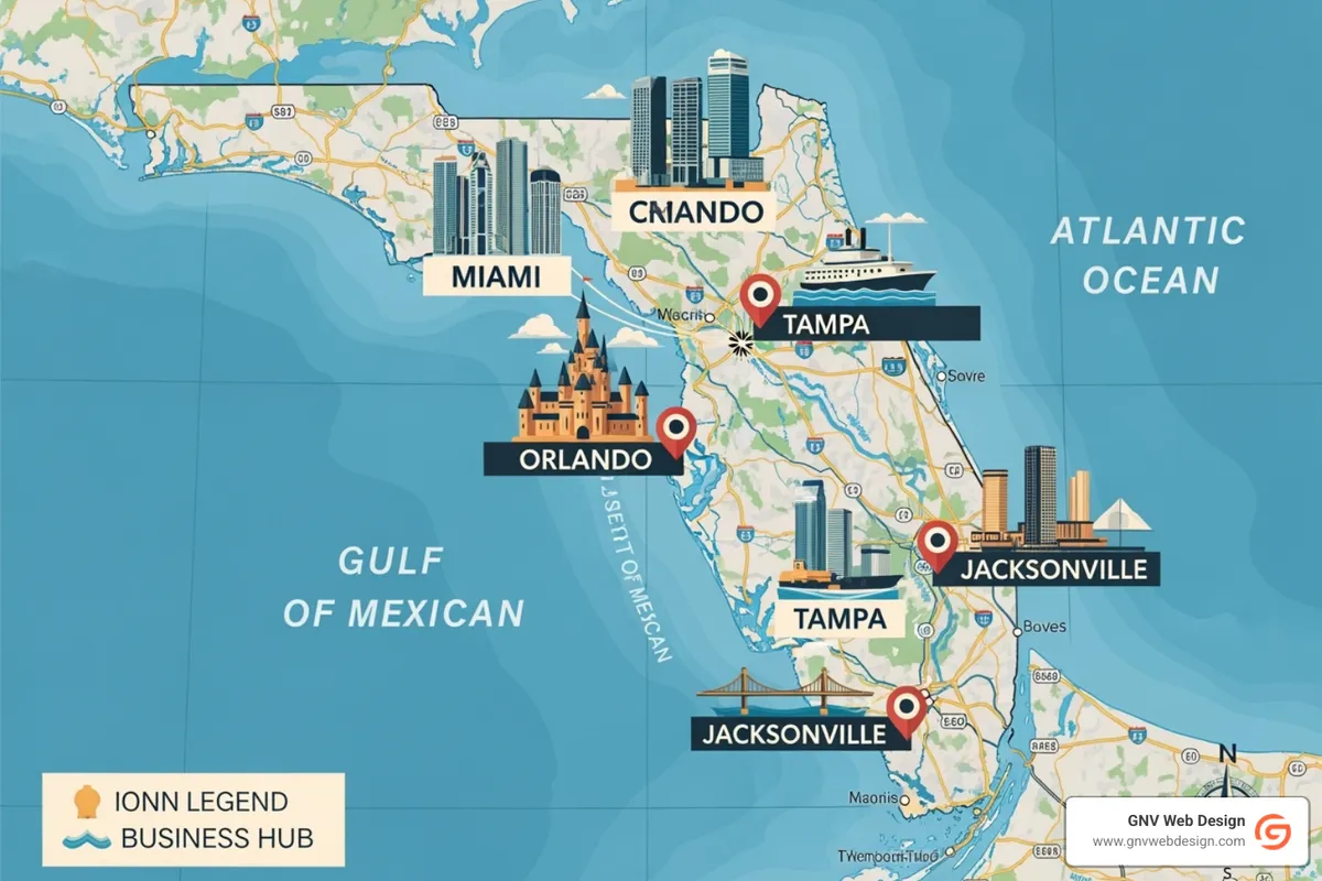 Florida map highlighting key business hubs - florida marketing agencies doing ppc