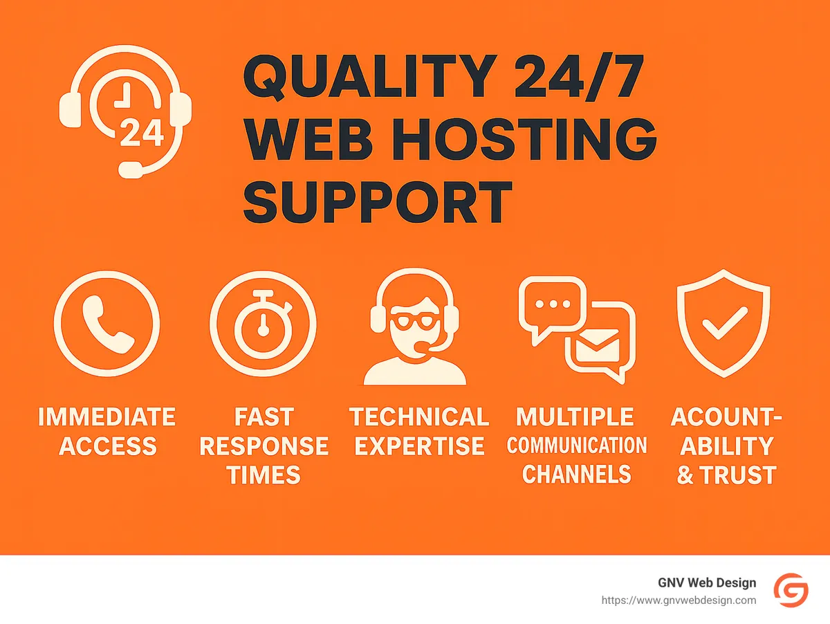 Infographic highlighting the essential elements and response times of quality 24/7 web hosting support - 24/7 web hosting support infographic 