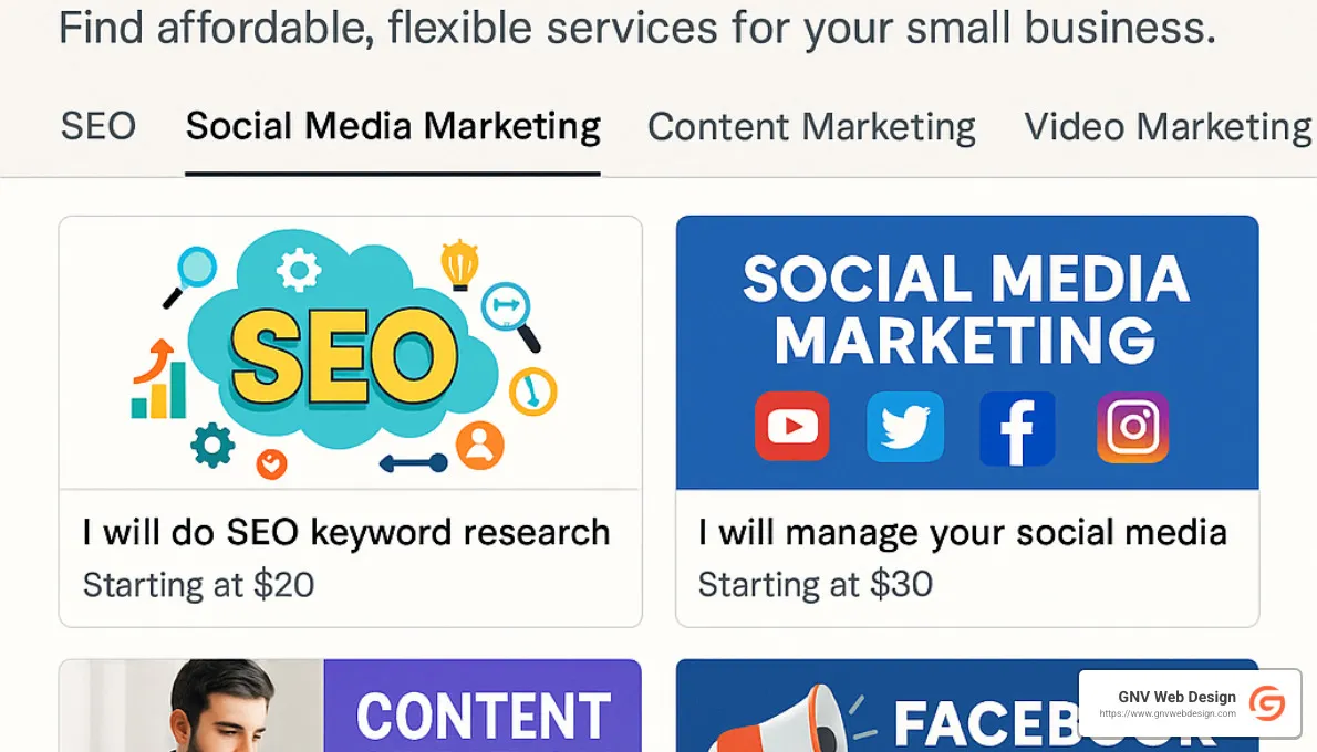 Fiverr marketplace interface showing various digital marketing services - Affordable online marketing services