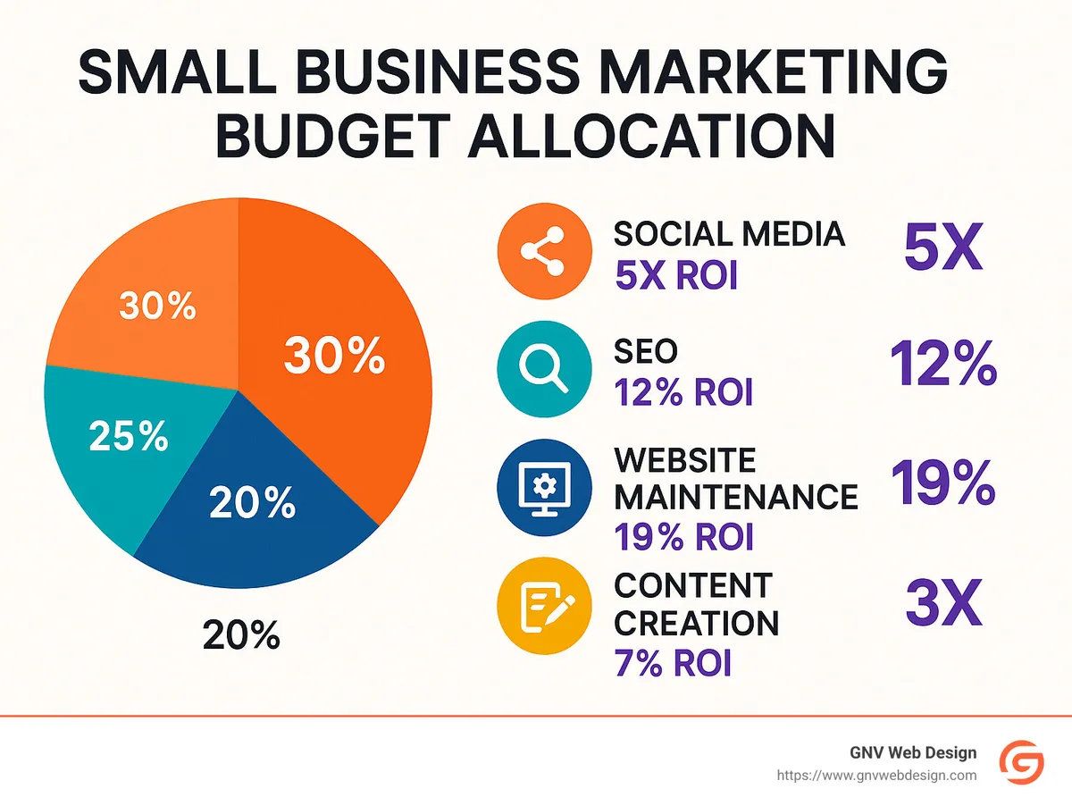Infographic showing small business marketing budget allocation with percentages for different digital channels including social media, SEO, website maintenance, content creation, and paid advertising, along with typical ROI metrics for each channel - Affordable online marketing services infographic 