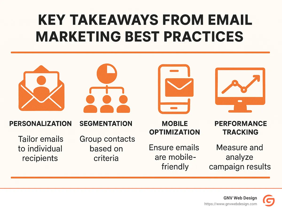 Key takeaways from email marketing best practices, including personalization, segmentation, mobile optimization, and performance tracking - Email marketing Jacksonville infographic 
