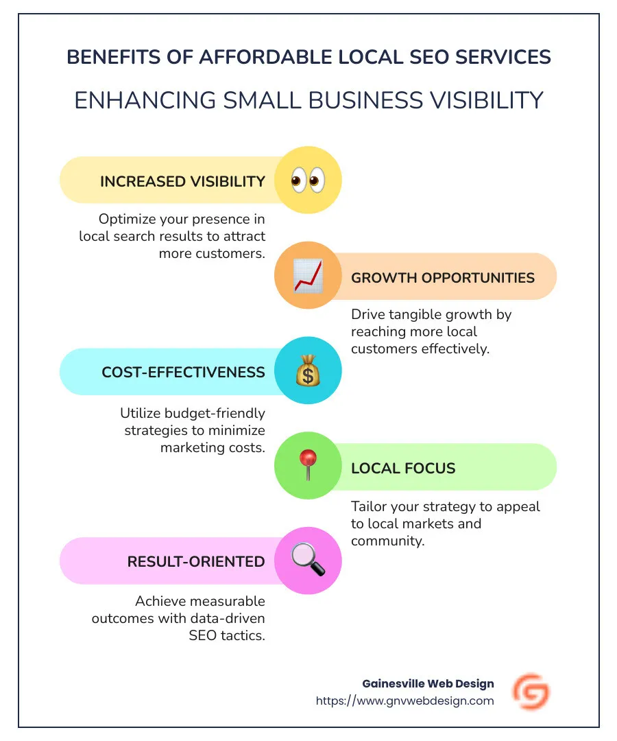Infographic illustrating benefits of affordable local seo services: increased visibility, growth potential, cost effectiveness - affordable local seo services infographic infographic-line-5-steps-colors