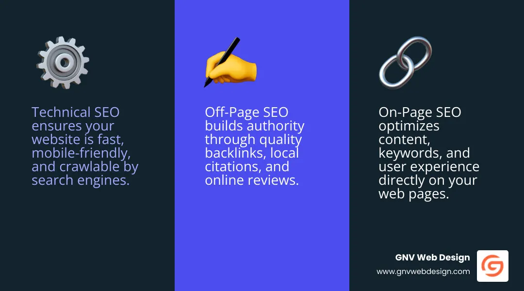 Infographic showing the three core components of SEO: Technical SEO (website speed, mobile optimization, crawlability), On-Page SEO (keyword optimization, content quality, user experience), and Off-Page SEO (link building, local citations, online reputation), all working together to improve search rankings and drive local Tampa traffic - seo agency tampa infographic 3_facts_emoji_blue