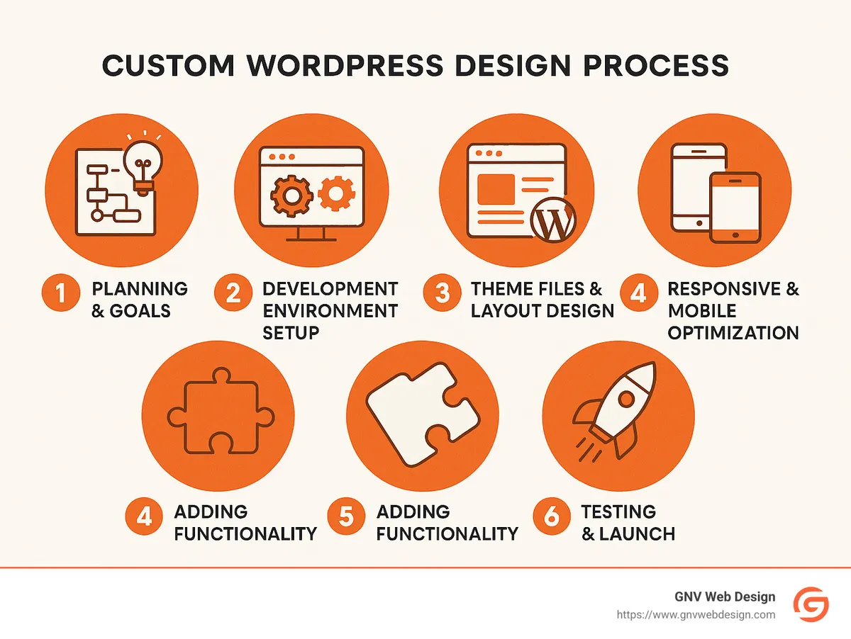 Infographic showing a clear step-by-step breakdown of the custom WordPress design process: 1) Planning & Goals, 2) Development Environment Setup, 3) Theme Files & Layout Design, 4) Adding Functionality, 5) Responsive & Mobile Optimization, 6) Testing & Launch - custom WordPress design infographic