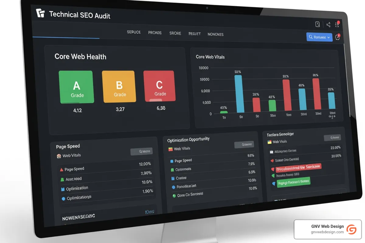 Technical SEO audit visualization showing website health scores and optimization opportunities