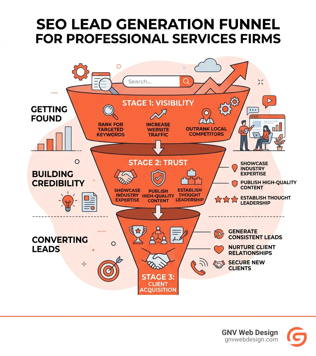 SEO lead generation funnel for professional services firms showing visibility, trust, and client acquisition stages