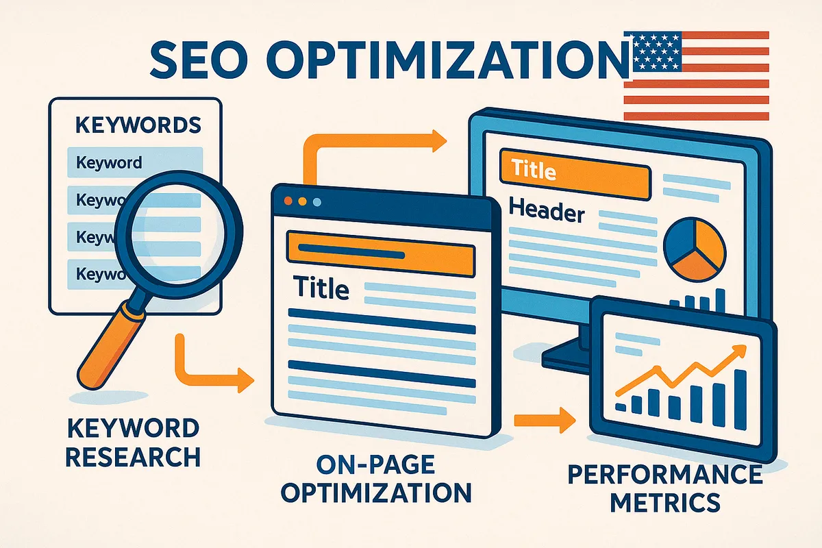 SEO optimization process showing keyword research, on-page optimization, and performance tracking - small business website support