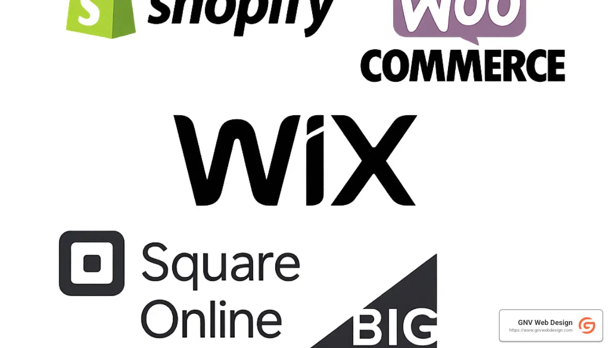 Top ecommerce platform logos including Shopify, WooCommerce, Wix, Square Online, and BigCommerce - Affordable ecommerce websites