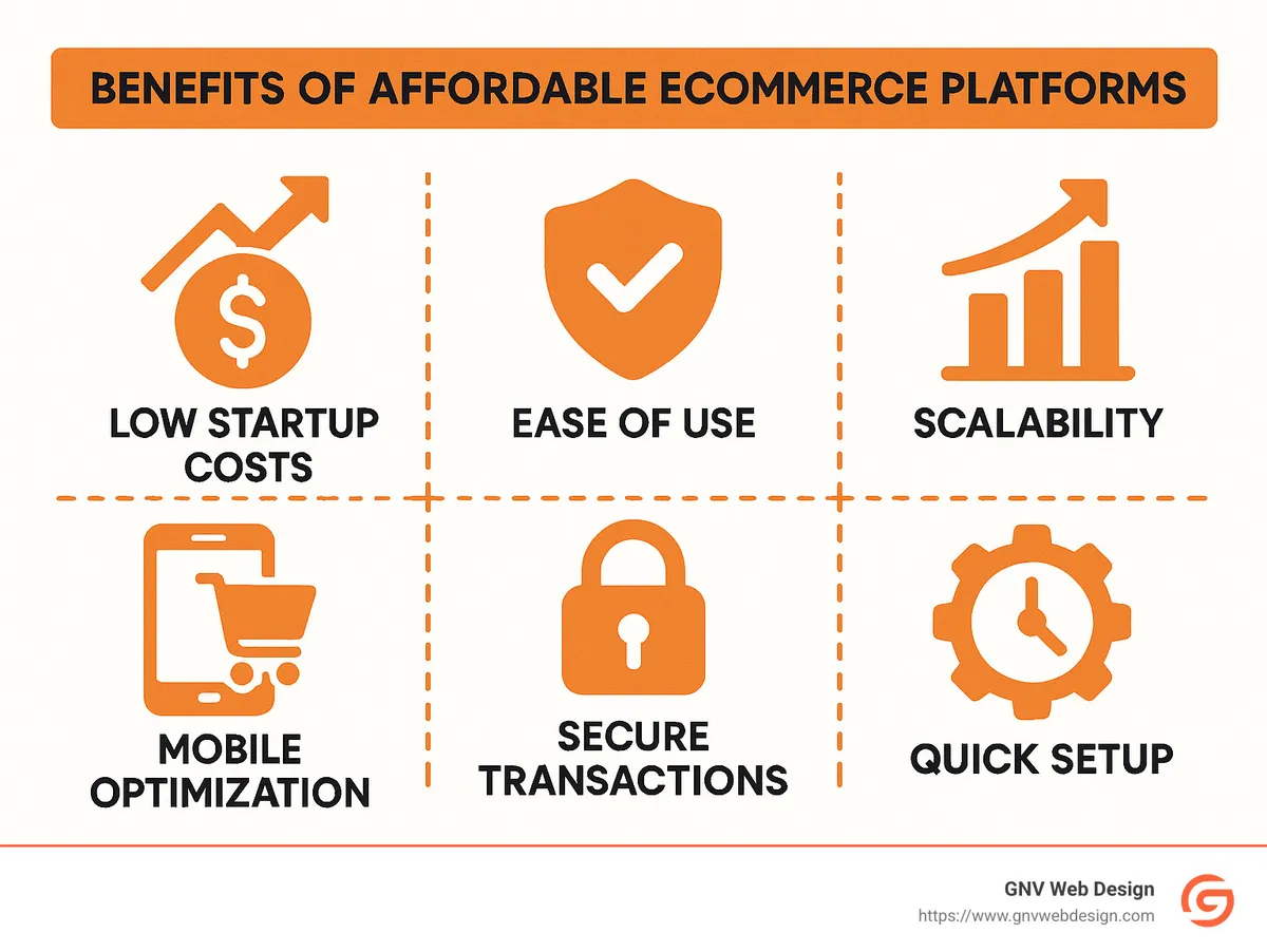 infographic highlighting key benefits of affordable ecommerce platforms, including low startup costs, ease of use, scalability, mobile optimization, secure transactions, and quick setup - Affordable ecommerce websites infographic 