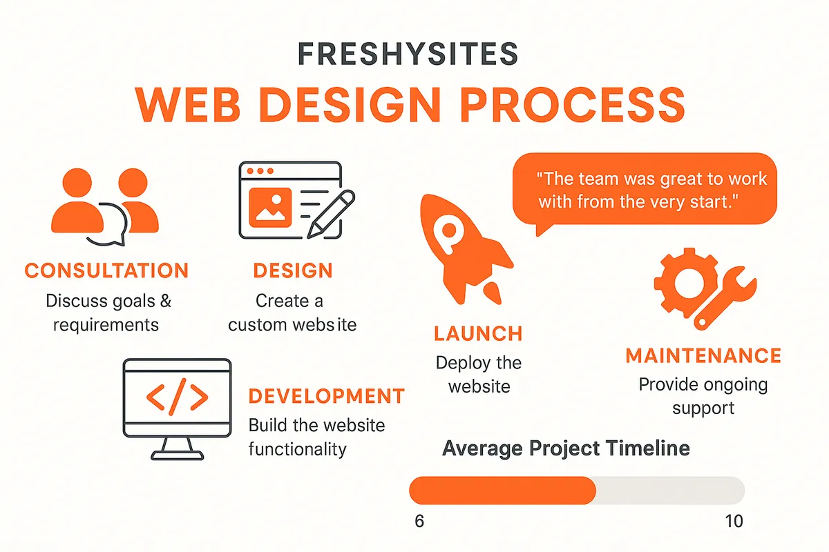 FreshySites web design process showing their step-by-step approach from consultation through launch and maintenance, with client testimonials and average project timelines - WordPress development Jacksonville infographic 