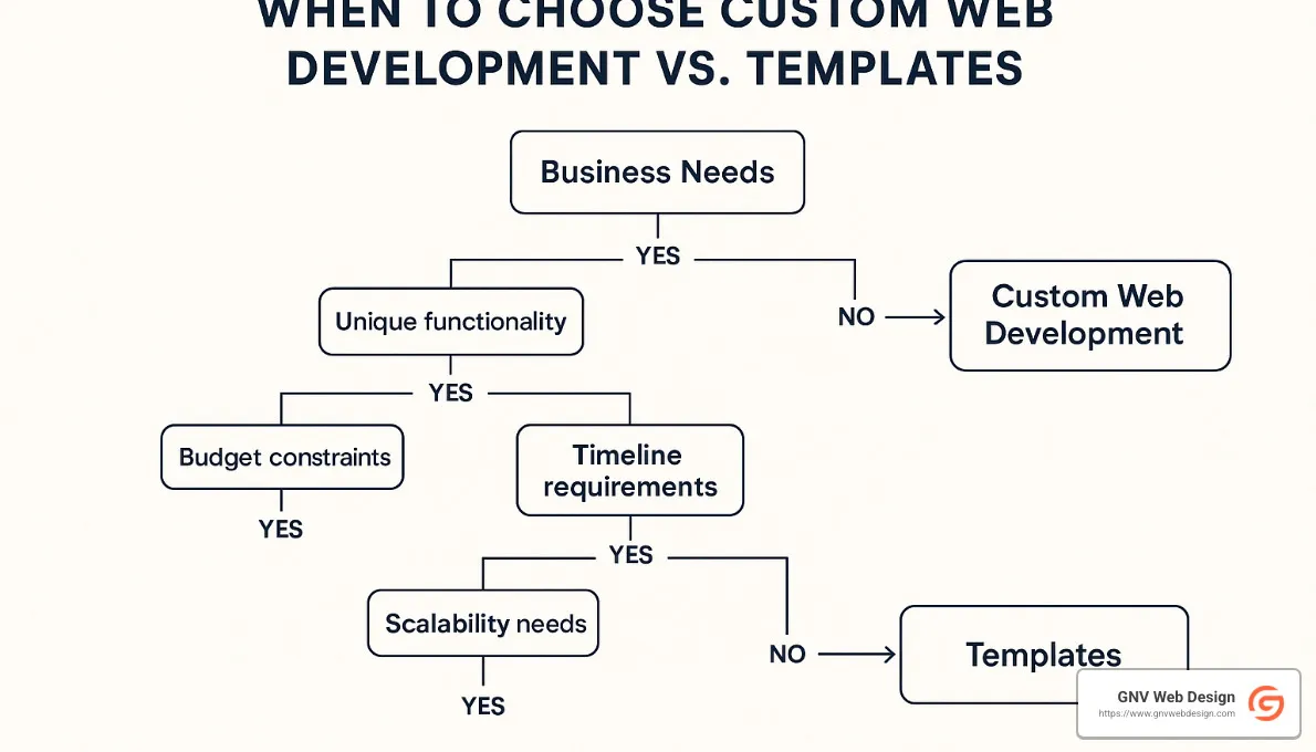 decision tree for choosing between custom web development and templates based on business needs - custom web development