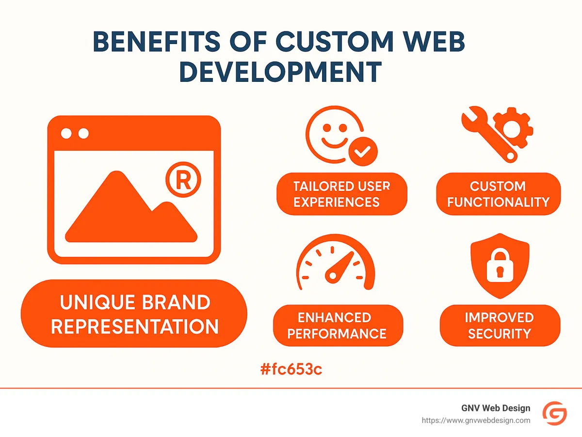 Summary of custom web development benefits showing improved user experience, better SEO performance, unique branding, and increased conversions - custom web development infographic 
