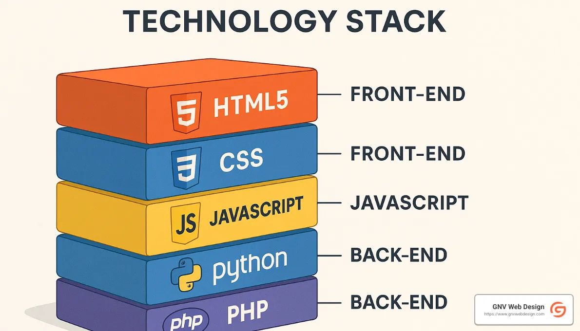 technology stack illustration showing different programming languages and their roles - custom web development
