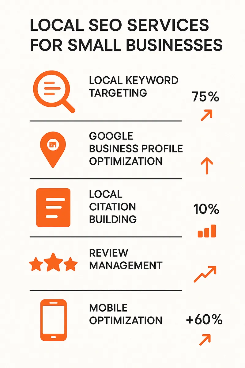SEO services comparison chart showing local SEO benefits for small businesses including: local keyword targeting, Google Business Profile optimization, local citation building, review management, and mobile optimization with corresponding ROI metrics - search engine optimization services for small business infographic 