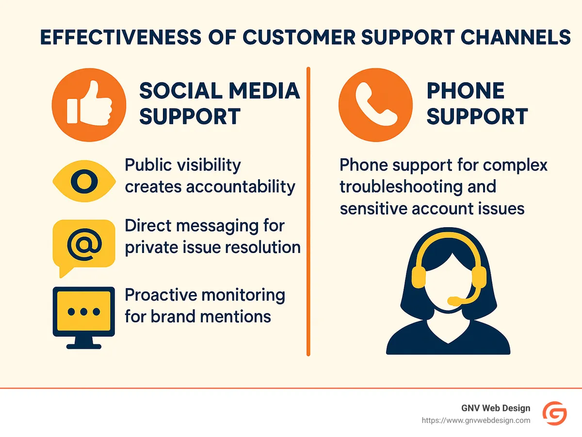 Infographic comparing effectiveness of different support channels for various customer issues - 24/7 customer support infographic