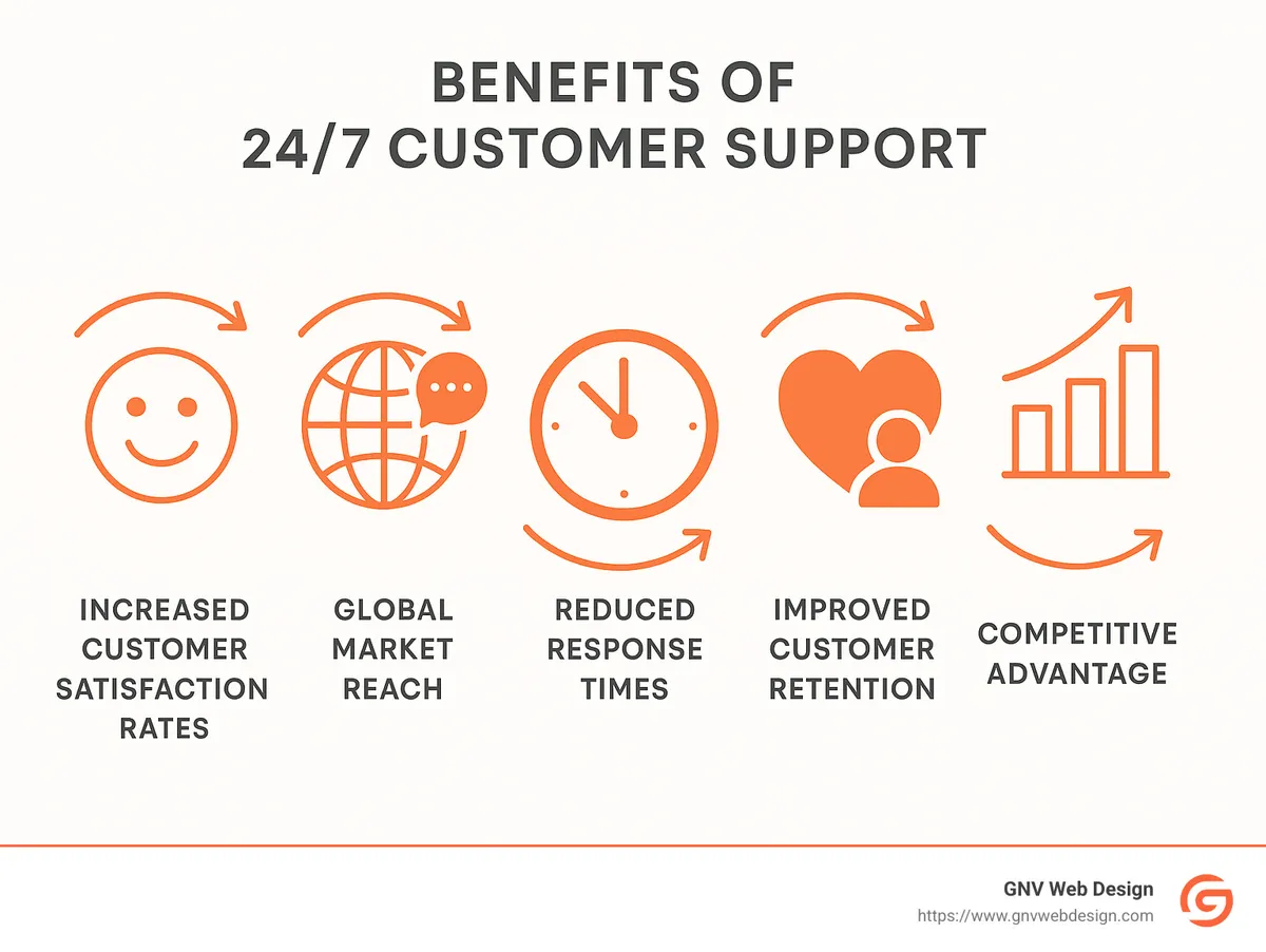 Infographic showing the benefits of 24/7 customer support, including increased customer satisfaction rates, global market reach, reduced response times, improved customer retention, and competitive advantage - 24/7 customer support infographic