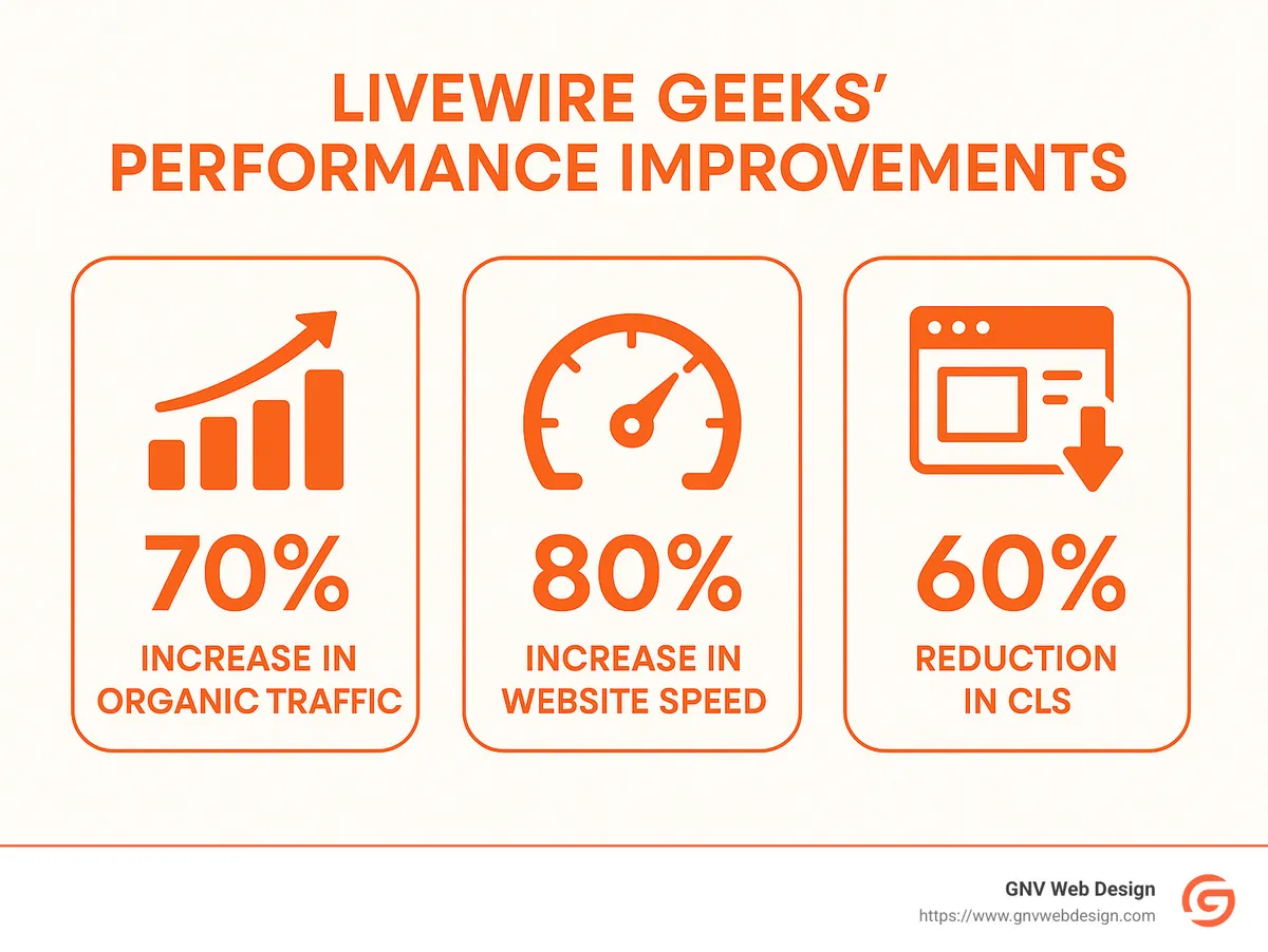 Statistics showing Livewire Geeks' performance improvements including 70% increase in organic traffic, 80% increase in website speed, and 60% reduction in CLS - Web design company Gainesville infographic