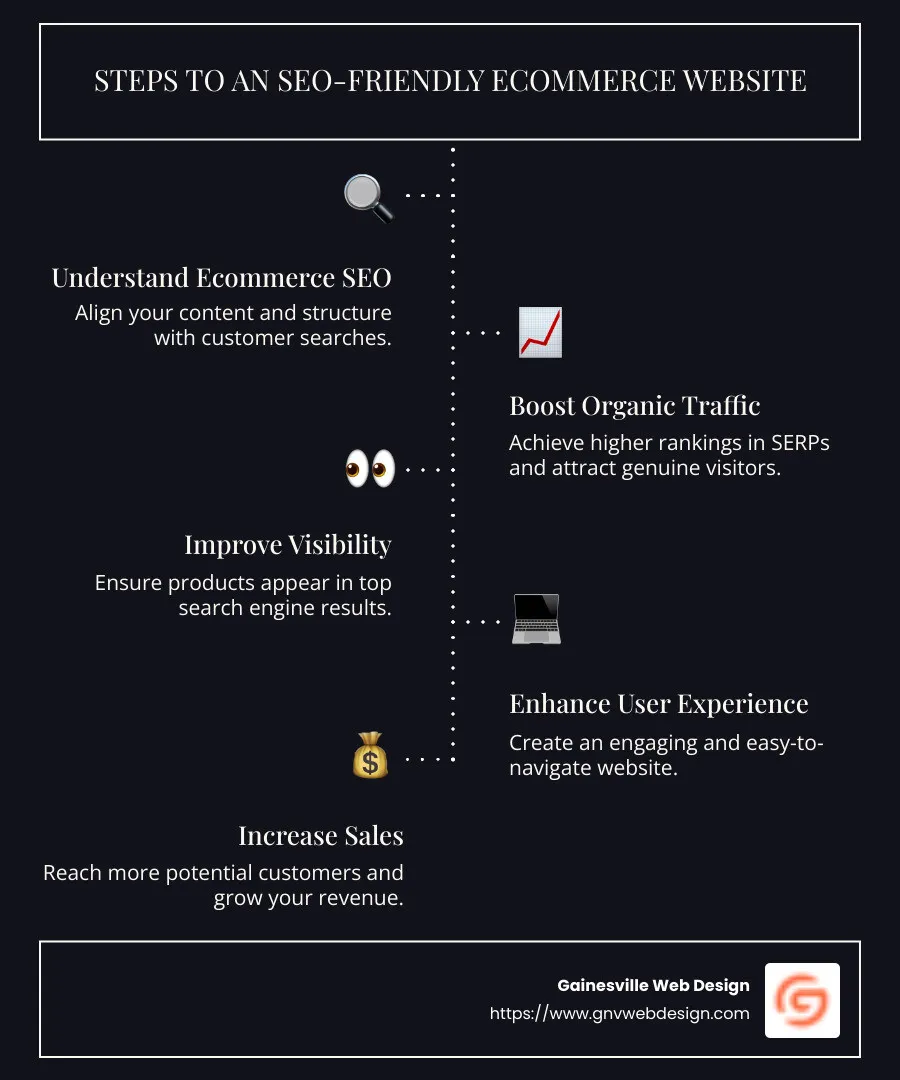 Steps to an SEO-Friendly Ecommerce Website - seo friendly ecommerce website infographic infographic-line-5-steps-dark