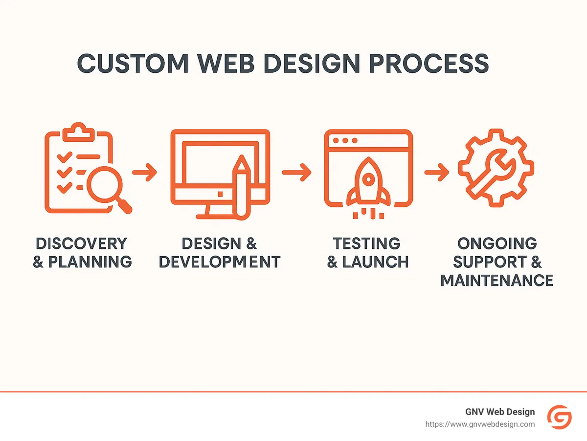 Custom web design process flowchart showing the 4 key stages: Findy & Planning, Design & Development, Testing & Launch, and Ongoing Support & Maintenance - custom web design gainesville fl infographic 