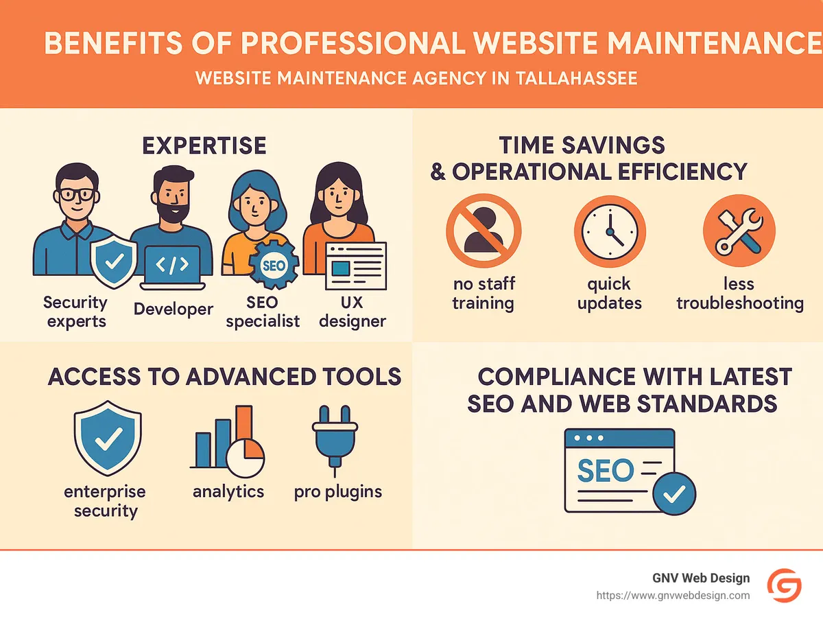 Benefits of professional website maintenance showing expertise, time savings, advanced tools, and compliance benefits - website maintenance agency tallahassee infographic 