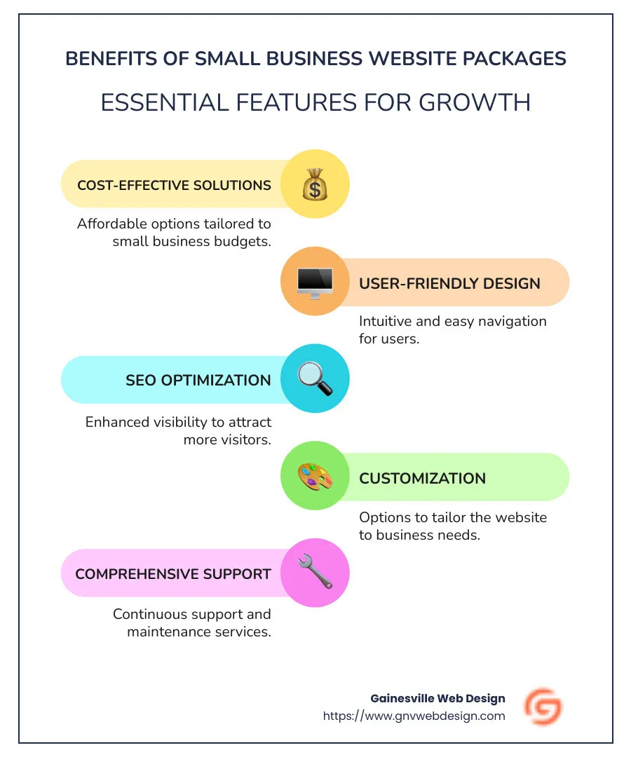 Infographic explaining small business website package benefits - small business website packages infographic infographic-line-5-steps-colors