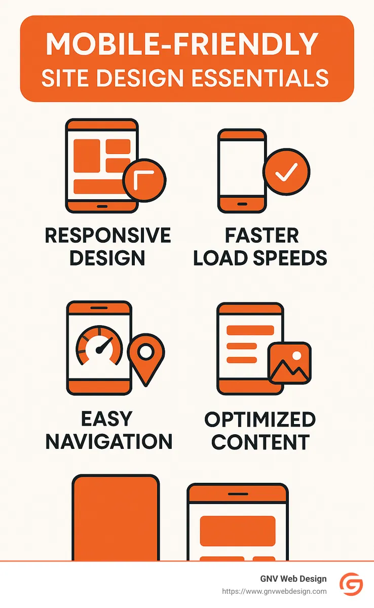 Infographic summarizing mobile-friendly site design essentials including responsive design, faster load speeds, easy navigation, and optimized content - Mobile-friendly site design infographic 
