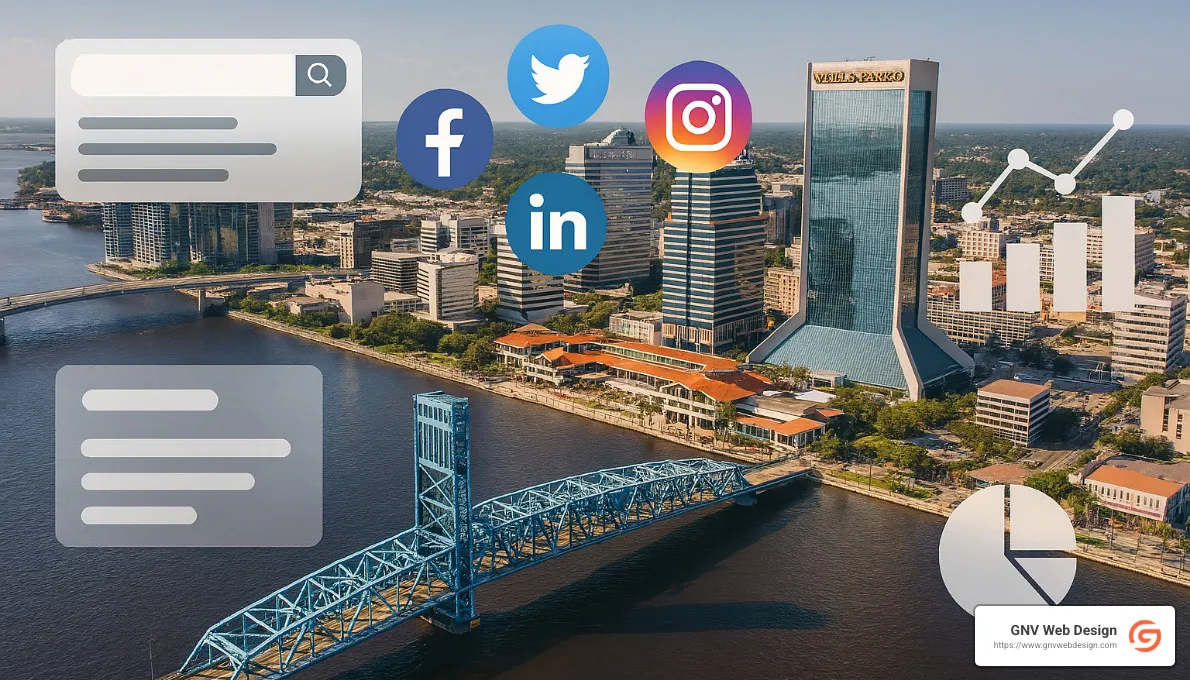 Jacksonville business district with digital marketing overlay - Online marketing Jacksonville