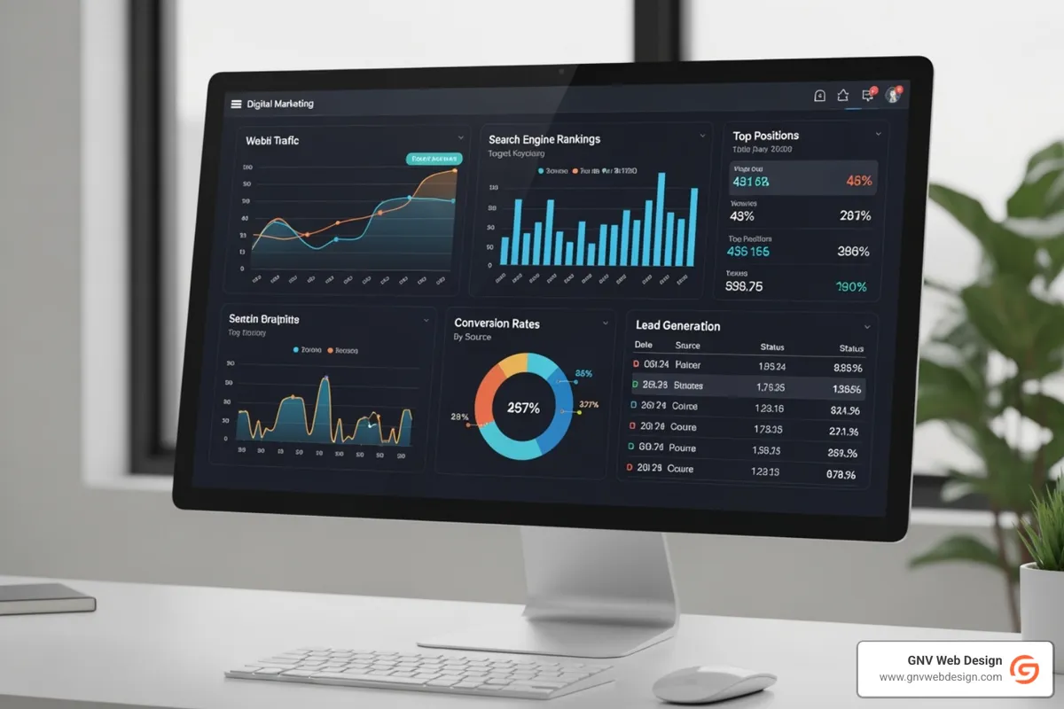 A digital marketing dashboard showing various service components like traffic, rankings, conversions, and lead generation metrics - search engine optimization companies tampa