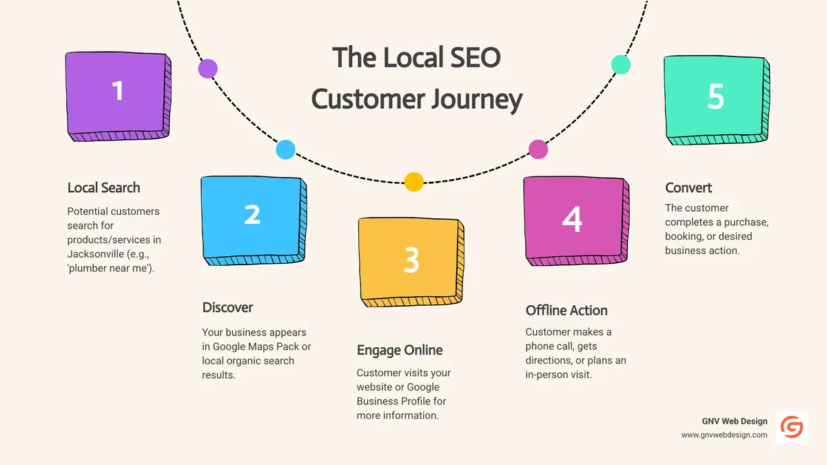 Infographic showing the local SEO customer journey: Local search query 12 Google Maps results 12 Business website visit 12 Phone call or visit 12 Customer conversion, with statistics showing 76% of people visit a business within 5 miles of their smartphone search - Jacksonville local SEO infographic process-5-steps-informal
