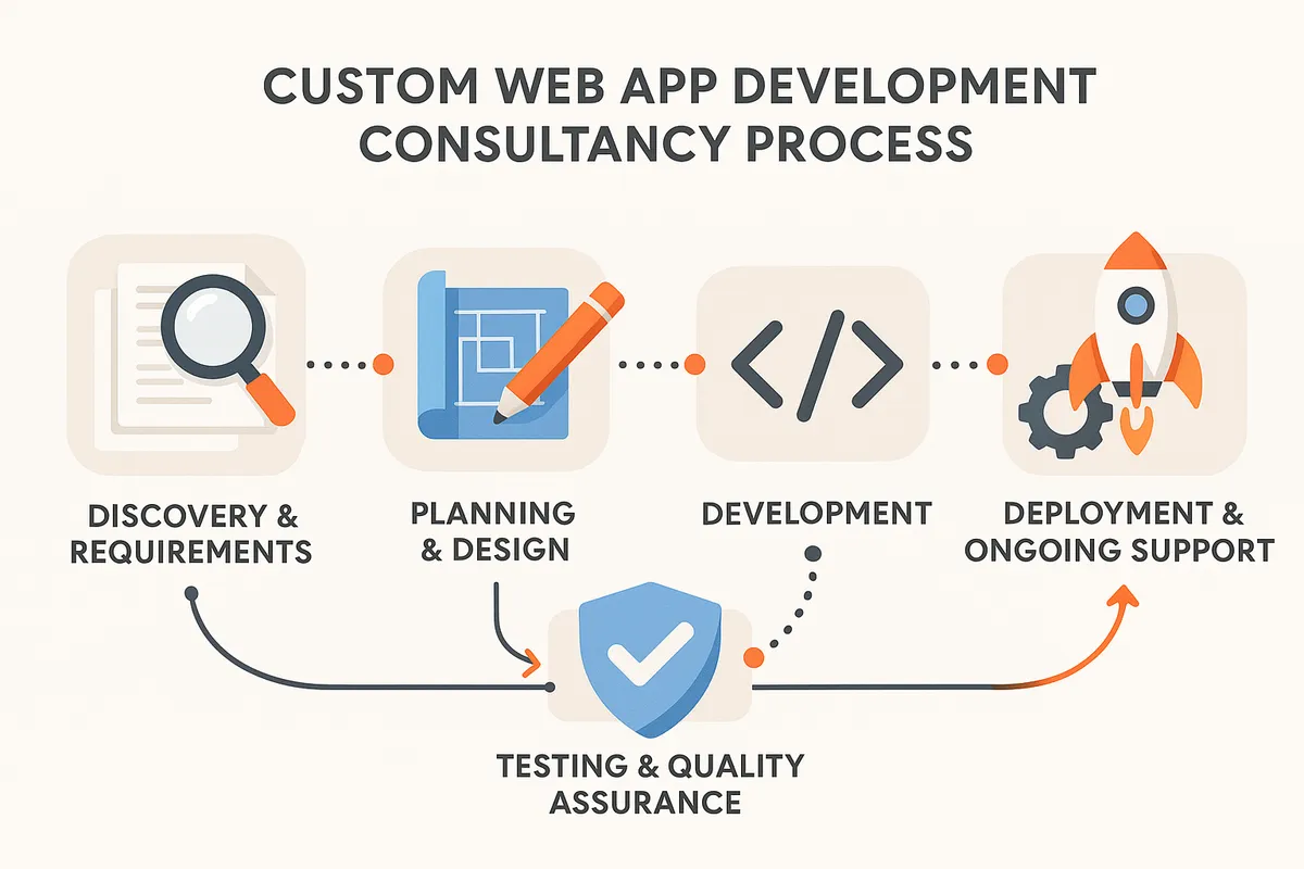 Custom web app development consultancy process showing the 5 key stages: Findy & Requirements, Planning & Design, Development, Testing & Quality Assurance, and Deployment & Ongoing Support, with client collaboration touchpoints highlighted throughout the process - custom web app development consultancy infographic 