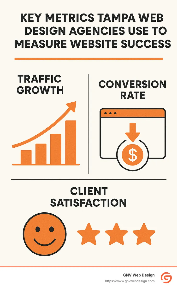 Infographic showing key metrics Tampa web design agencies use to measure website success including traffic growth, conversion rates, and client satisfaction - Tampa web design agency infographic 