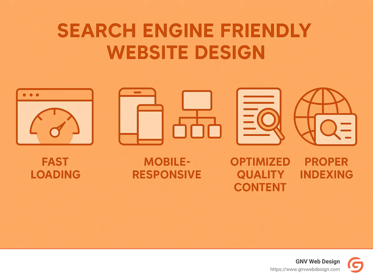 Infographic highlighting the 5 essential elements of search engine friendly website design: fast loading, mobile-responsive, clear website structure, optimized quality content, and proper indexing.
