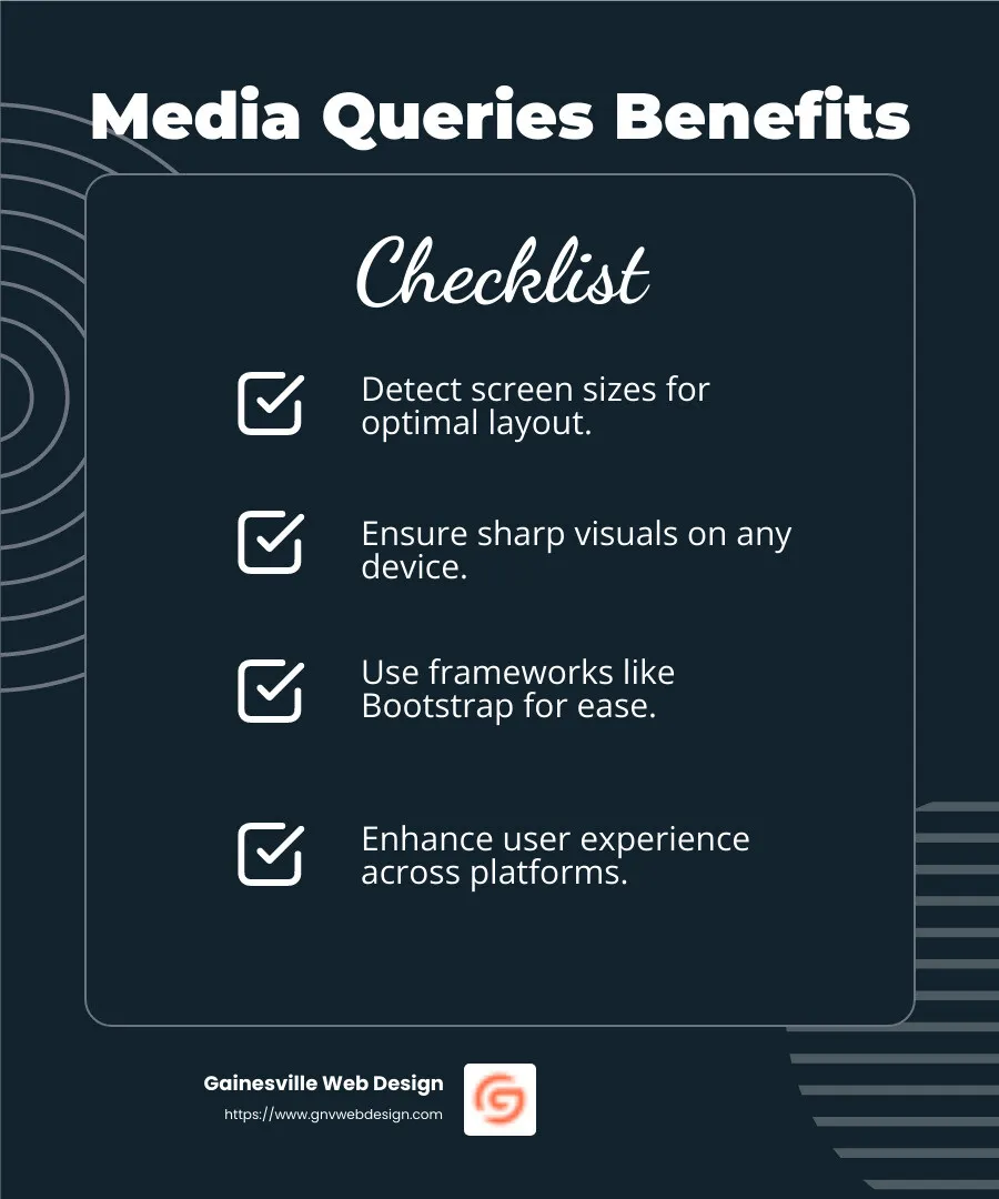 Media queries adapt layout for devices - responsive website design services infographic checklist-dark-blue